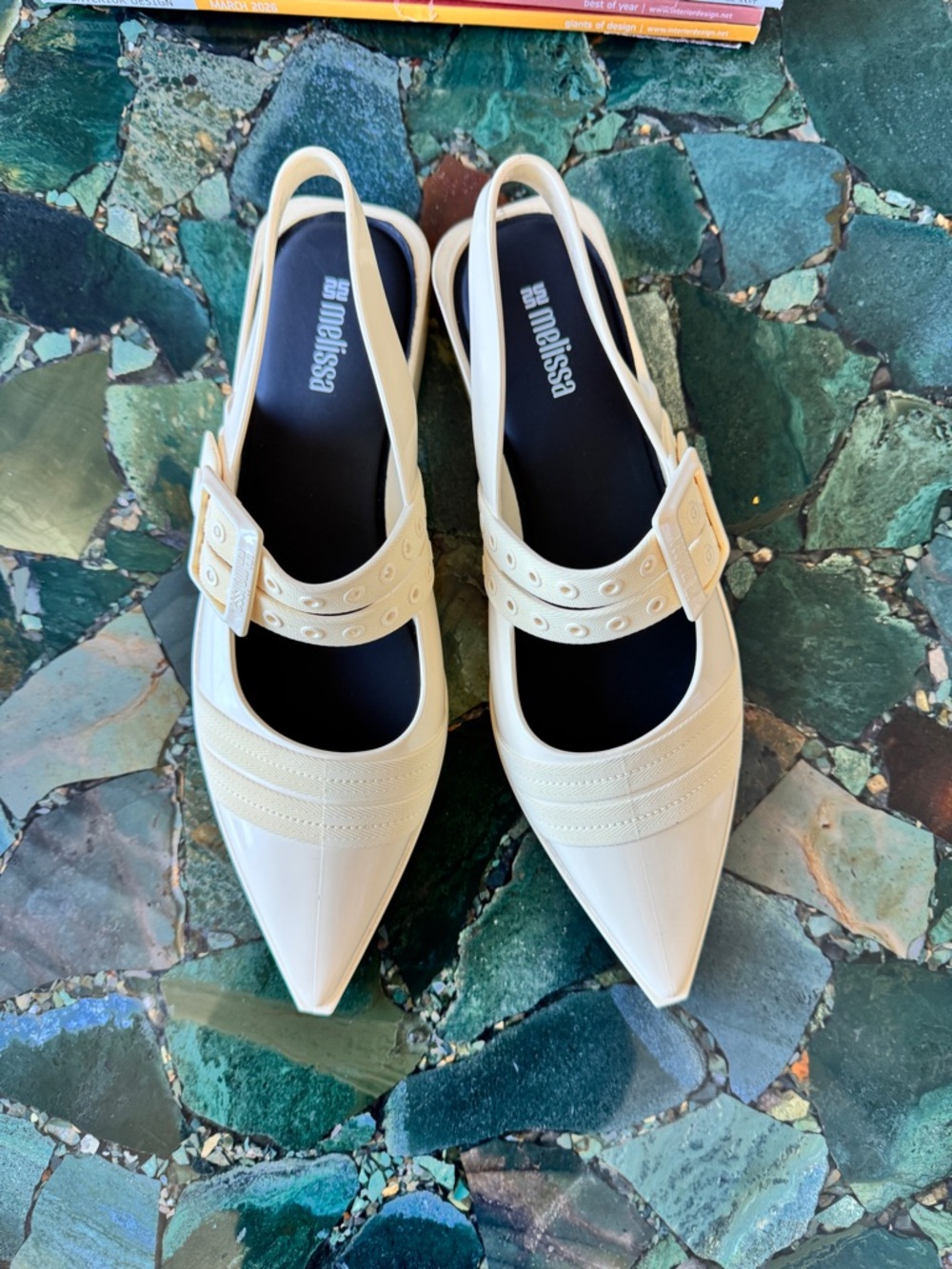 Melissa jelly flats-  Cream Pointed Slingback Mules with Buckle Strap